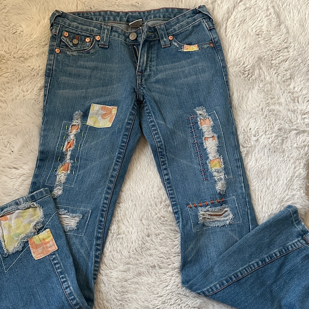 True Religion Blue Patched Straight Leg Jeans